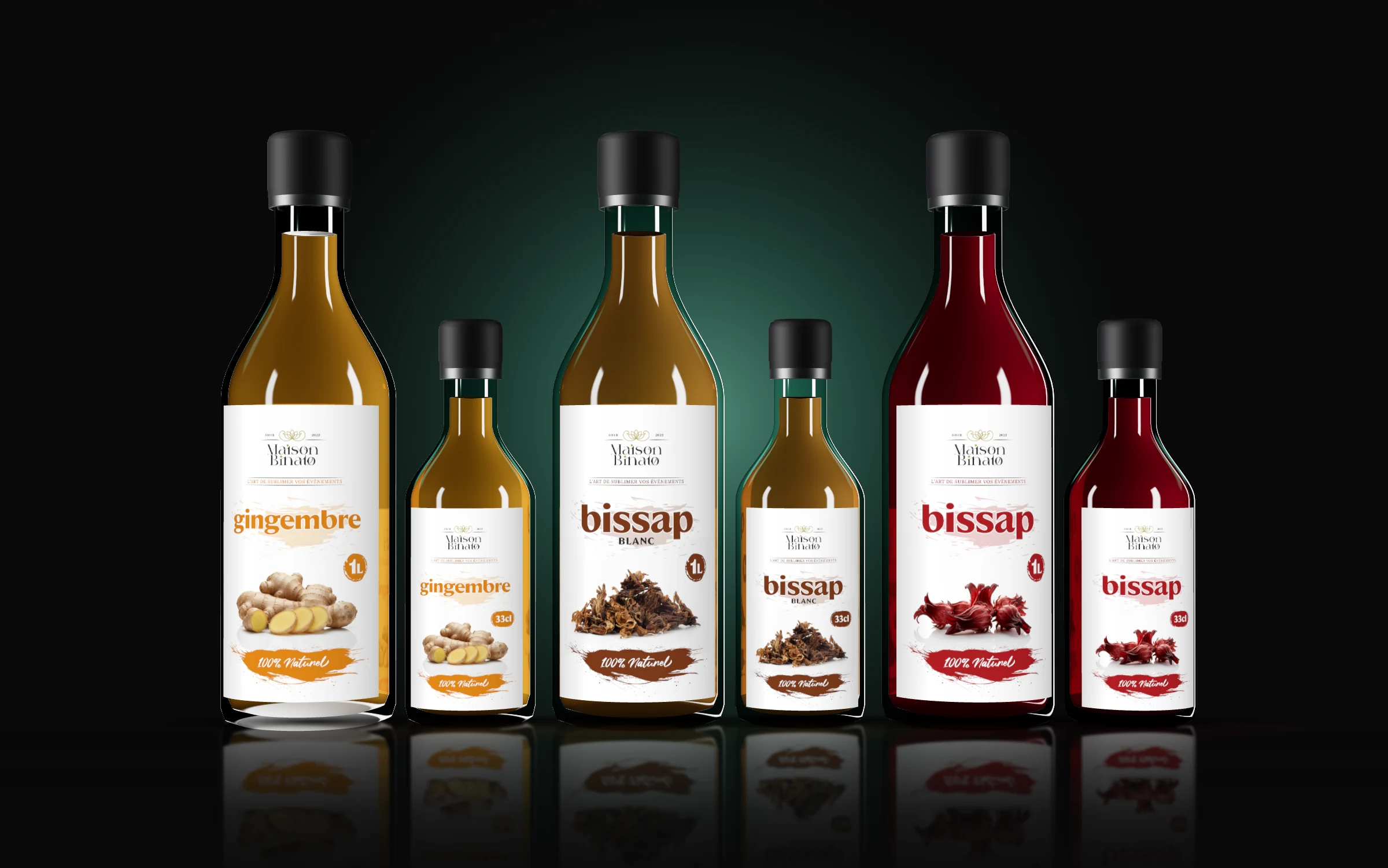 Gamme de jus Maison Binato : gingembre, bissap blanc et bissap rouge, 33 cl et 1 L