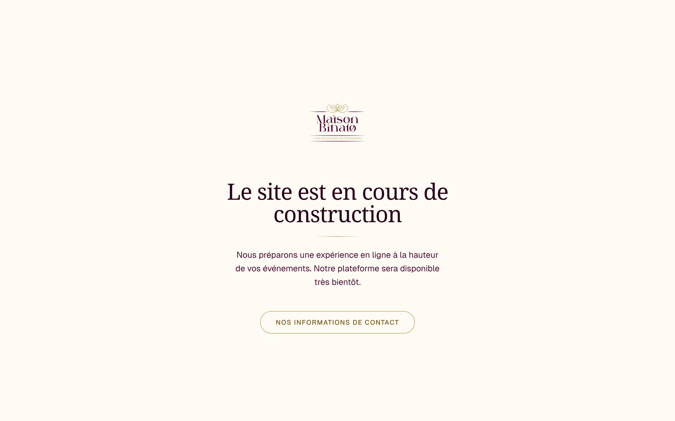 Page d’attente du site Maison Binato : le site est en cours de construction
