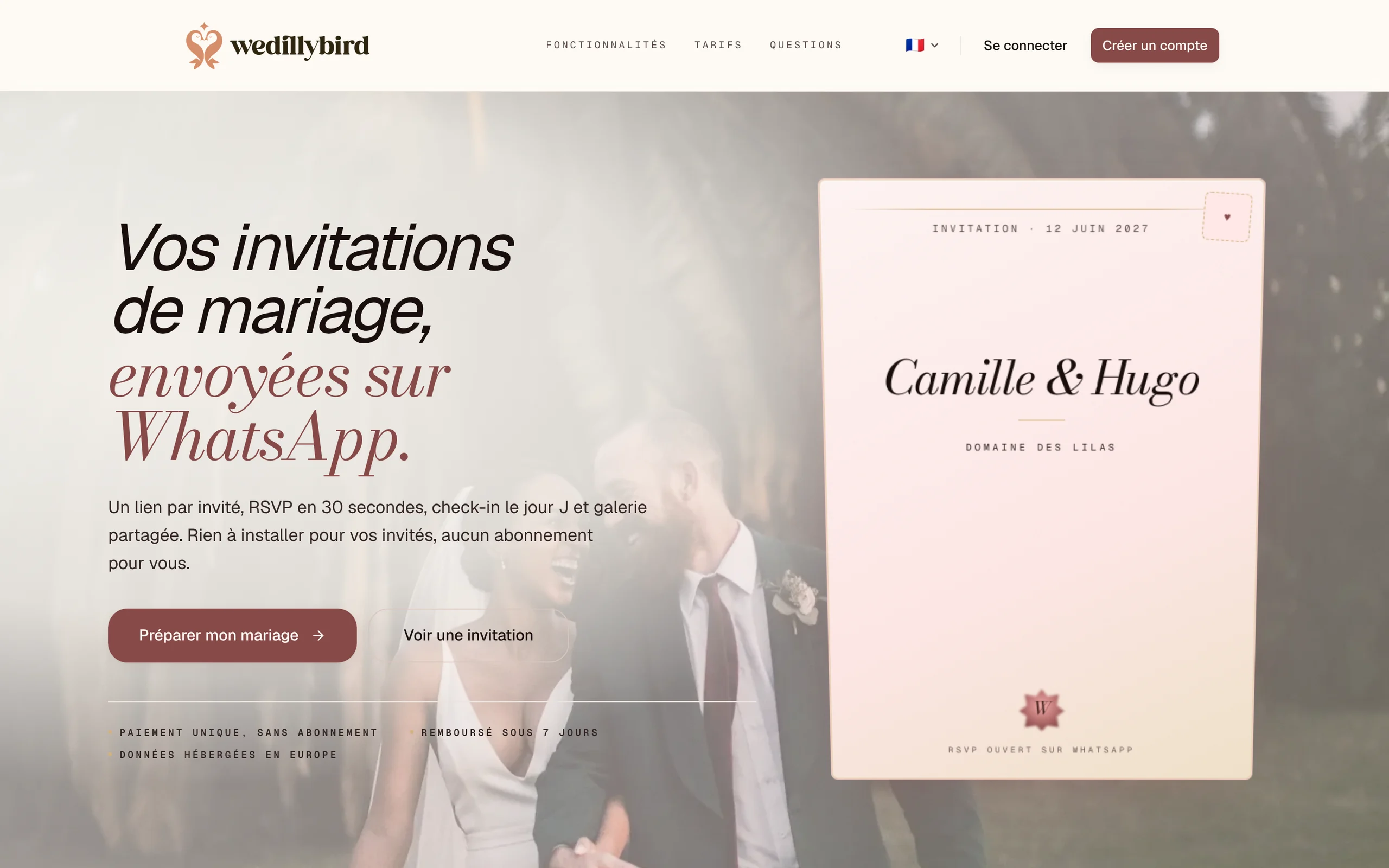Aperçu du site Wedillybird : invitation de mariage Camille & Hugo