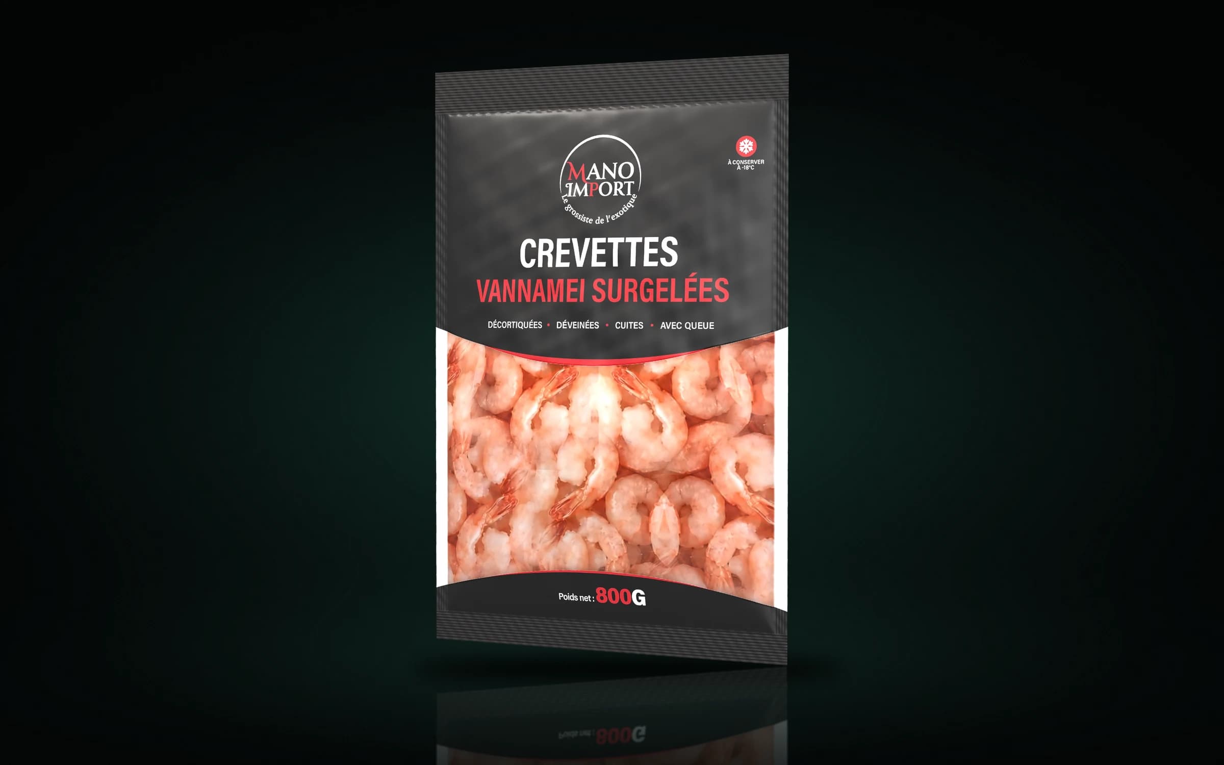 Sachet de crevettes Vannamei surgelées Mano Import