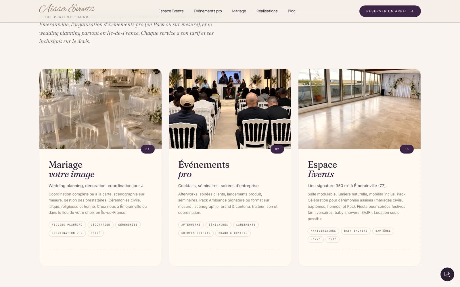 Trois univers : mariage, événements pro, Espace Events