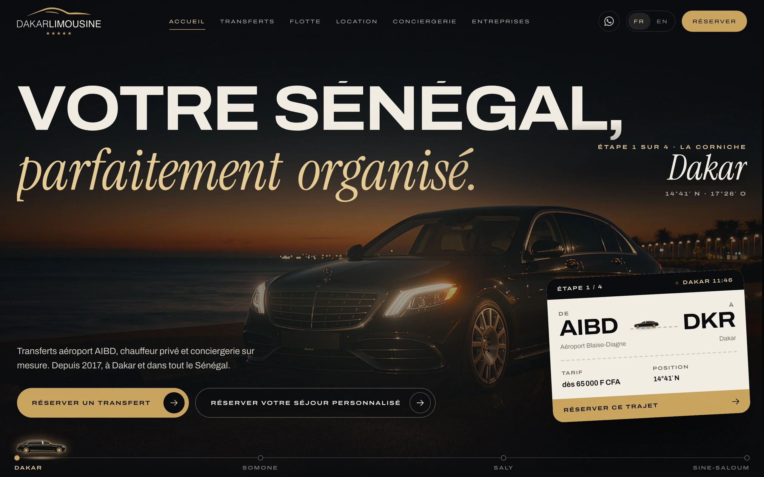 Accueil du site Dakar Limousine : Mercedes noire sur la corniche de Dakar, carte d’embarquement AIBD – Dakar